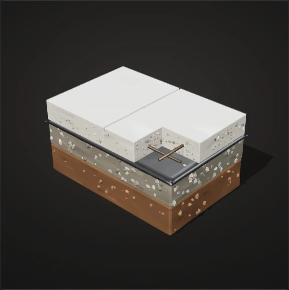 Cutaway concrete slab showing compacted soil, a gravel base, thin moisture barrier, reinforcement grid, concrete, a control joint, and a protective top layer.