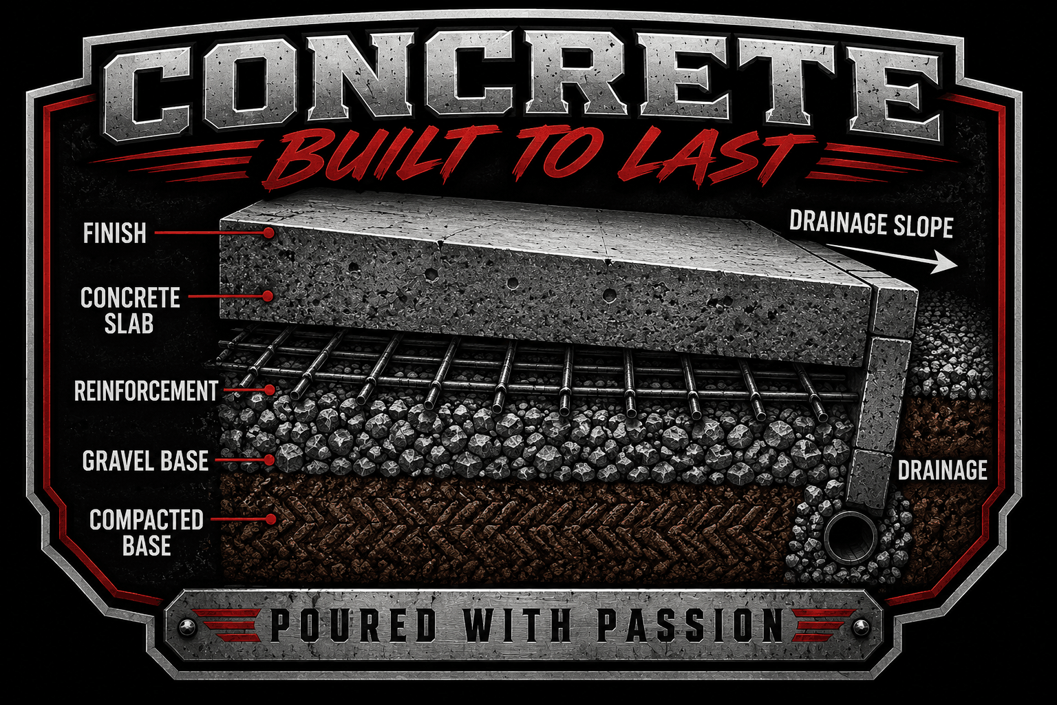 Concrete cross section showing finish, slab, reinforcement, gravel base, compacted base, slope, and drainage