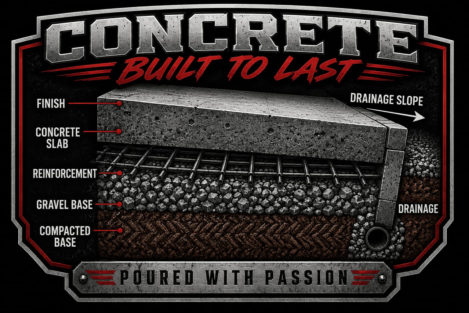 Concrete cross section showing finish, slab, reinforcement, gravel base, compacted base, slope, and drainage
